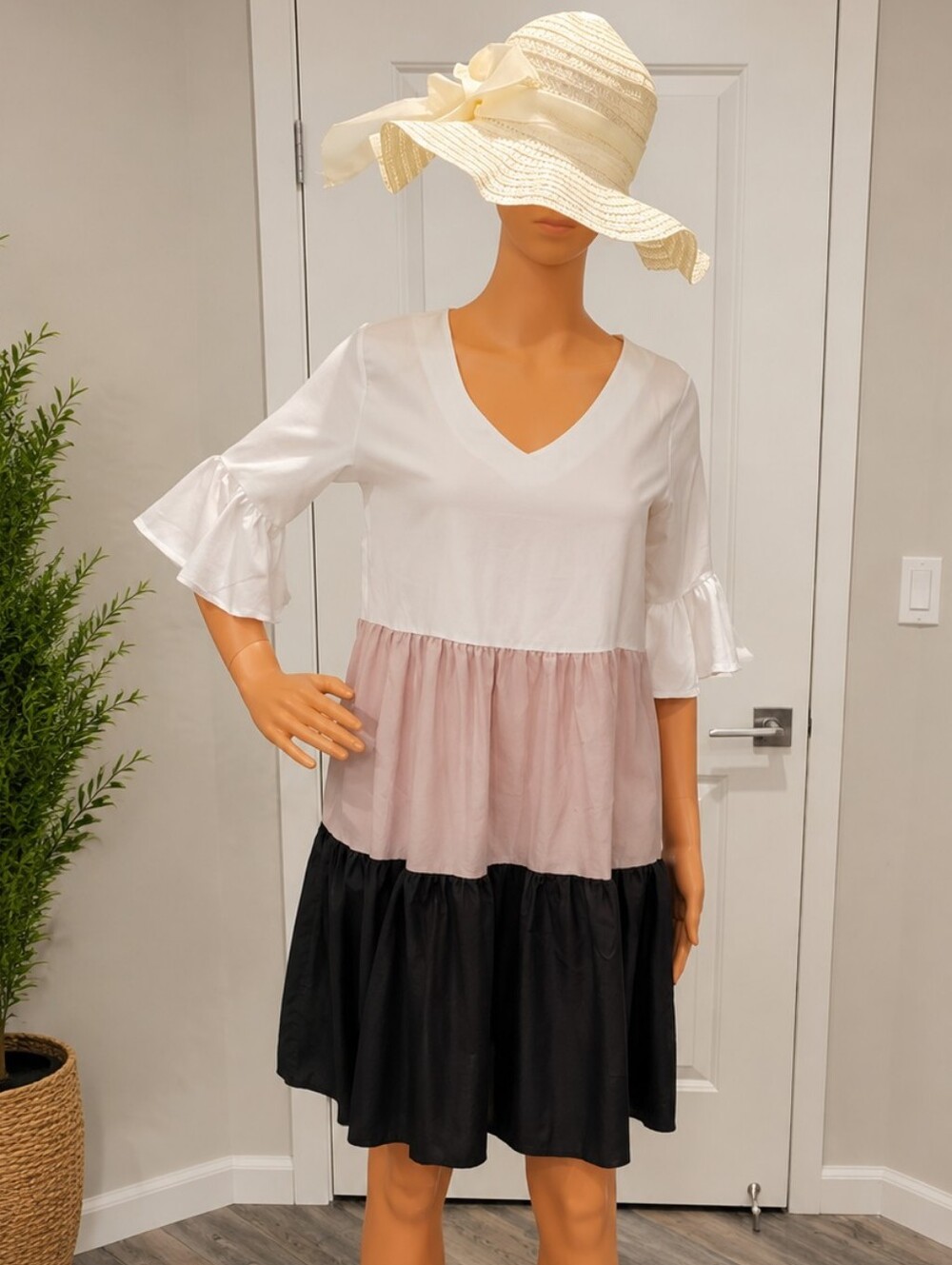Women’s Tiered V-Neck Colorblock Dress in White, Blush & Black